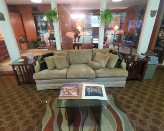Beautiful long sofa; lovely end tables with glass tops, glass top coffee/end table
