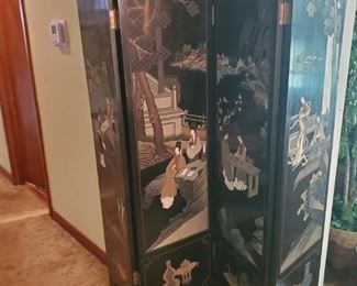 Solid, heavy black lacquer Asian theme room divider/screen with sturdy hinges