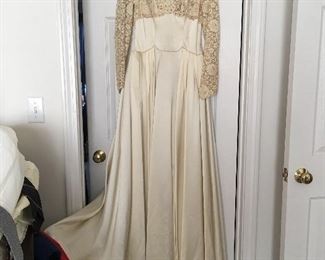 Vintage satin wedding gown with beaded bodice