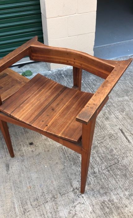 Custom made 3 legged chair. Custom made by artist Eric Winchell.  Made of teak and walnut wood using no nails ... all wood widgets. Made in 1960. 