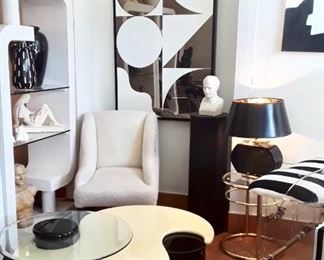 Killer 1980’s coffee table , 1970’s lucite bar stools with new black and white stripe seats. 