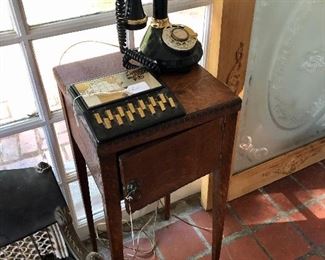 Antique tiger oak telephone stand
Replica old style phone 
Vintage phone directory 