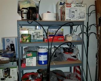 Shelving unit, many NIB kitchen gadgets