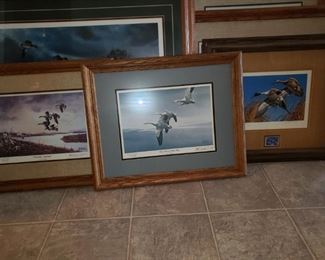Several framed wildlife prints -- some with stamps and coins.