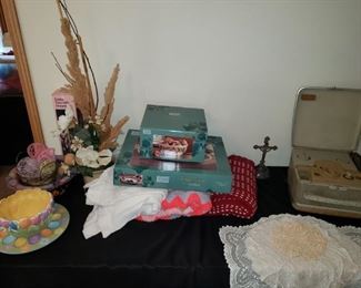 Easter and Thanksgiving decorations; vintage reel to reel recorder.
