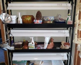 Plant stand with lots of gardening items.