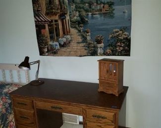 Wall tapestry, desk, more