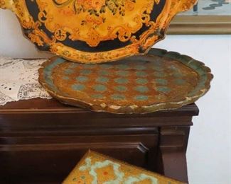 Vintage Italian Florentine Wood Toleware Trays and Box