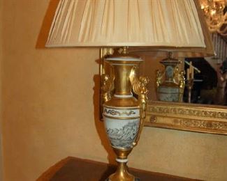 One of pair of Old Paris-style lamps with custom silk shades