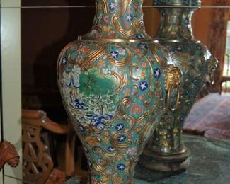 One of pair Cloisonné urn