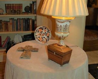 Antique Neo-Classical Old Paris lamp on linen draped table