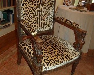 One of pari of Neo-Classical open arm chairs with silk leopard fabric