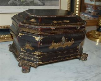 Antique black lacquer tea caddy with metal liner