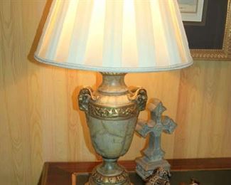 One of pair urn-style rams head lamps
