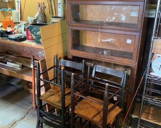 Barrister Bookcase and set of early cane seat stenciled chairs