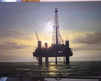 original oil painting of an off shore rig