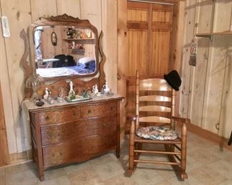 oak serpentine dresser & mirror, oak rocker
