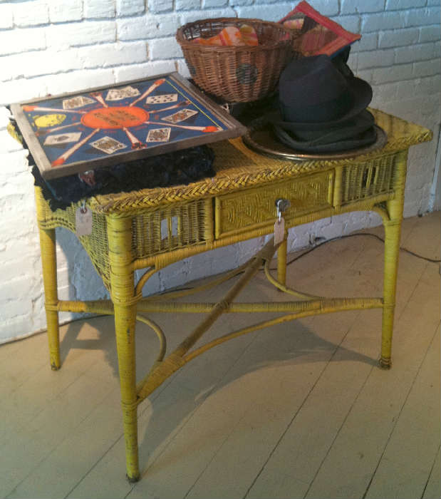 Antique Yellow Wicker Desk or Vanity with Drawer