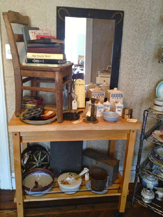 Butcher Block Kitchen Trolley with Drawer, and Vintage Mirror, Child's School Chair, Books, Canisters, etc.