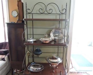 Wrought Iron and wood Bakers Rack- shown with plated serving pieces
