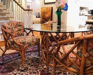 Vintage Rattan Table and Chairs Set. Great Barkcloth or bark cloth Upholstery.