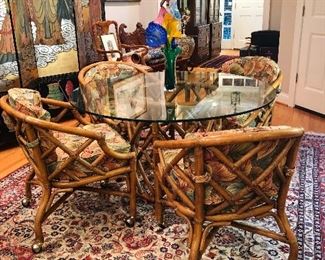 Vintage Rattan Table and Chairs Set. Great Barkcloth or bark cloth Upholstery.