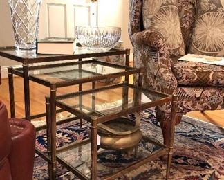 Brass Hollywood Regency Nesting Tables, Crystal Bowls and Vases, Chinese Antiques