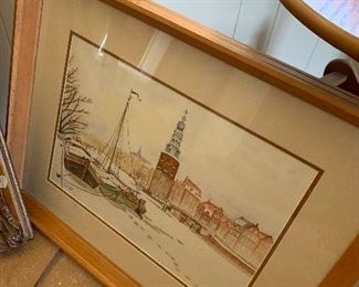 Framed watercolor winter harbor scene