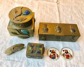 Jade rabbit, cloisonne boxes, card discs