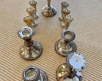 Sterling silver candle holders,  dish and cups