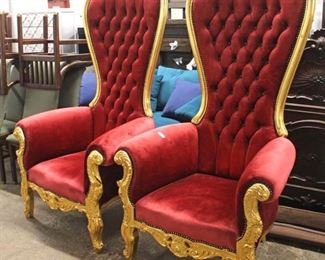 PAIR of Red Upholstered Button Tufted Gold Painted Carved Frame Throne Chairs

Auction Estimate $400-$800 – Located Inside

 