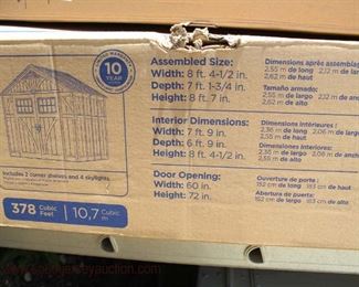  NEW “Suncast Tremont” Plastic Shed Model # BMS8700 (2 Box Kit)

approximately 8’4”x7’x2”x8’4” outside and 7’7”x6’9”x8’4” inside

Auction Estimate $200-$400 – Located Field 