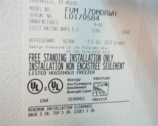 Inside label on GE freezer