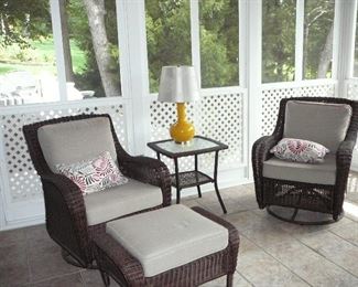 Great Set of Swivel Rockers, Ottoman and table in simulated Wicker