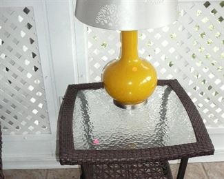 Glass Top Simulated Wicker Garden table and Yellow Ceramic Table Lamp
