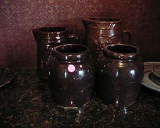 Antique Brown Stoneware Crocks and Pitchers