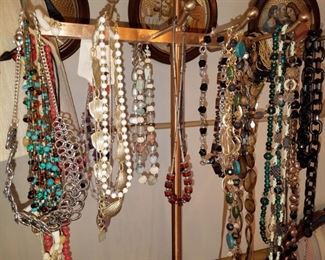 Costume jewelry (much more to photograph). Antique Marshall Field's necklace rack