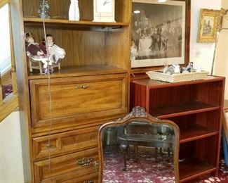 Bookcase/cabinet/secretary. Carved, beveled mirror
