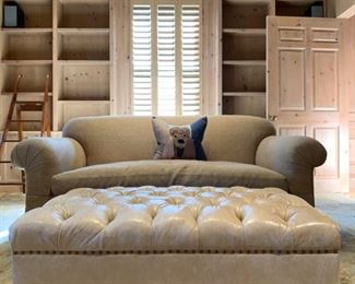 Tufted Leather Double Wide Ottoman on Casters