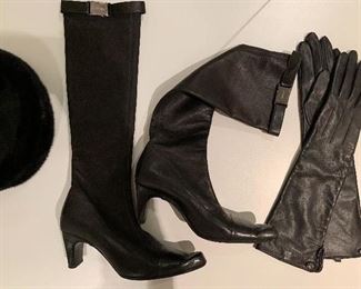 Chanel Leather Boots, Leather Gloves, Fur Hat