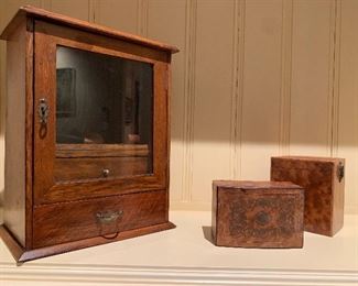 Antique Smokers Cabinet, Burled Wooden Boxes