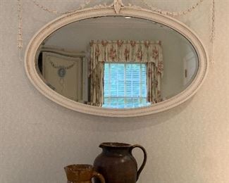 19th c French Oval Wall Mirror with Urn and Swag, Stoneware Jugs, Hand Turned Burled Wooden Box