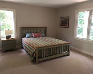 Broyhill Premier light brown and green bedroom set — queen bed with large wood headboard, two (2) large bookcases, study desk, 1 chest of drawers, night table and 1 CD/curio case