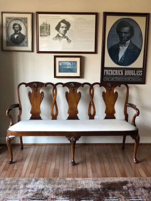 Antique bench with white textured upholstery