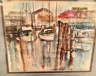 There’s a pair of these very well done original watercolors, attractively matter and framed, and ready to hang. Water/pier scenes
