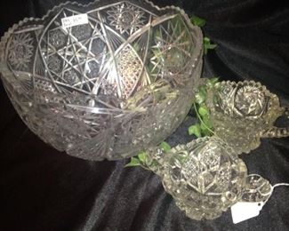 Pressed glass bowl; creamer and sugar