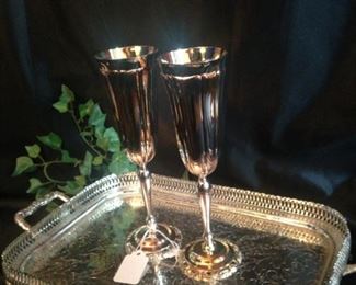 Silver plate tray and flutes