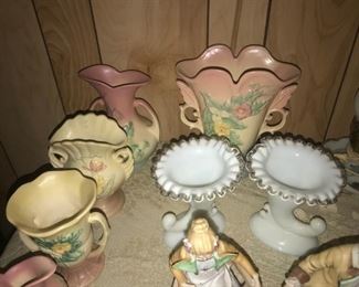 Vintage HULL Wildflowers Pottery, Fenton Silvercrest Pair Cornucopias