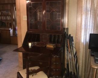 Awesome Drop Front Glass Top Curio Desk Secretary, Golf Clubs, Needlepoint Chair 