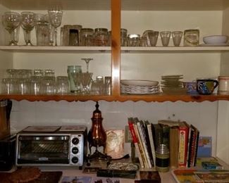 Vintage kitchen and vintage cookbooks, glassware
